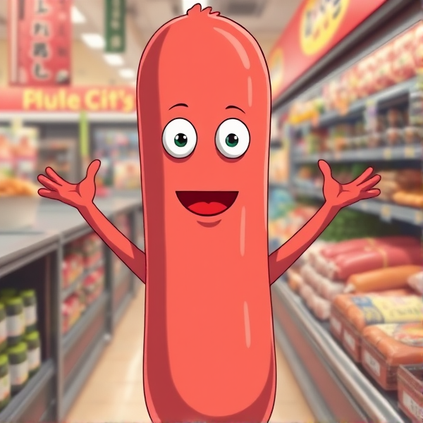 Un saucisson avec deux yeux et un bouche et des bras dans un rayon de charcutier