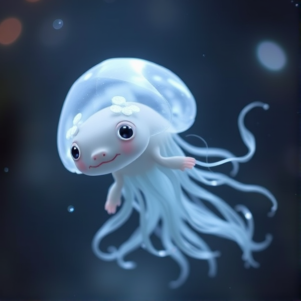 A surreal creature that fuses the delicate translucent features of a jellyfish with the charming characteristics of an axolotl, featuring the flowing tentacles and bioluminescence of a jellyfish along with the cute gills and playful expression of an axolotl. The creature should appear to be gracefully swimming in a mystical underwater scene, illuminated by soft, ethereal light.
