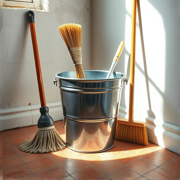 Seau d'eau en métal scintillant avec des reflets de lumière, accompagné d'une brosse, d'une serpillière et d'un balai  disposés de manière artistique au centre d'une pièce aux murs blanchis à la chaux et au sol carrelé de céramique ancienne