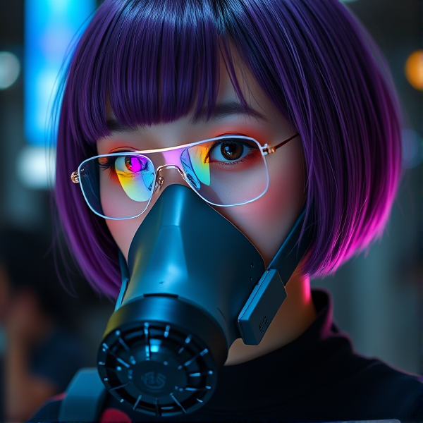 A  Asian girl with purple bobcut hair and iridescent pale skin  wearing  a breathing respirator and Wearable electronics with smart screens and night vision monocle
