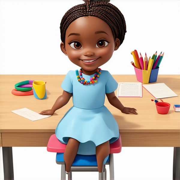 Jeune fille africaine de 8 ans vêtue d'une robe bleu ciel, coiffée de tresses africaines complexes avec des perles colorées, affichant un large sourire éclatant, assise sur une chaise d'écolier face à un bureau en bois clair, dans une salle de classe ensoleillée et bien éclairée, avec des fournitures scolaires et des dessins d'enfants visibles en arrière-plan