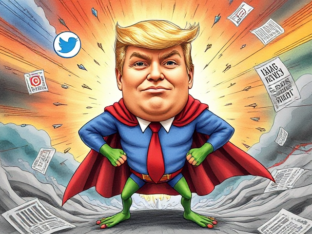 Donald Trump's face expertly blended with the exaggerated, whimsical lines of Pepe the Frog, standing boldly in a classic superhero pose. His expression is one of defiant humor as he faces an onslaught of symbolic challenges: sharp-edged caricatures of arrows, social media icons swirling like shrapnel, and satirical newspaper headlines ripping through the air around him. The backdrop is a tumultuous whirlwind of colors that suggest a digital storm, emphasizing the chaotic nature of online discourse. The overall composition should evoke a sense of levity in the face of conflict, portraying this hybrid character as undaunted by the relentless stream of virtual adversity.
