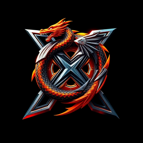 Intense and sharp contrast image of a Beyblade-inspired 'X' logo, emblazoned with an orange and black dragon in an energetic pose that embodies the fierce spirit of a powerful Beyblade. The 'X' is dramatically lit with a chiaroscuro effect, enhancing the metallic texture and depth, while the dragon's scales gleam with vivid detail against the stark, dark background. Its eyes blaze with a fiery glow, and its body coils around the 'X', poised as if ready to leap into battle. Dynamic light sources cast bold shadows and highlights that emphasize the energy and motion inherent in the design.