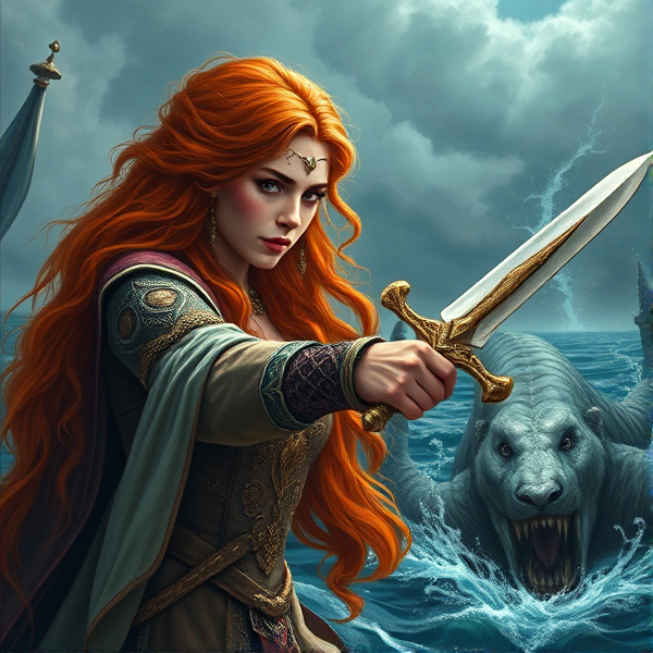 Red haired Caucasian Arthurian princess points her lion hilted sword towards a leviathan in the sea