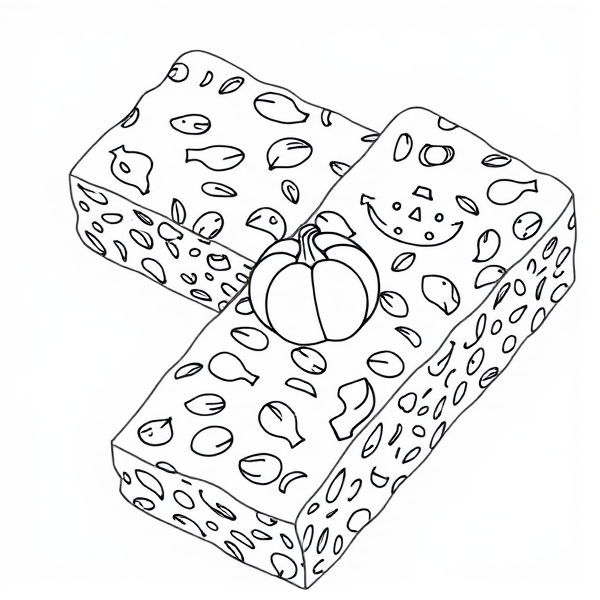 One Granola bar. Outline only. No colours just black and white for colouring in. It has oats, some seeds, small outline only of a halloween pumpkins in it with no colours also. Everything should be black and white. Just the outline for a colouring book. The pumpkins should be coloured and they are small scattered all over the Granola bars. NO COLOURS AT ALL IN THIS SKETCH