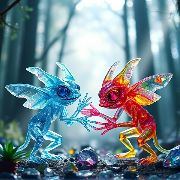 Crystal clear, mischievous gremlins made of sparkling gemstones in various colors, playfully interacting with each other in an enchanted forest setting with shafts of light filtering through the trees