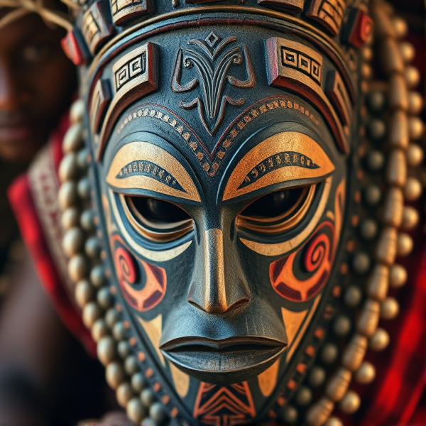 Detailed traditional Ngil mask from the Fang tribe of Gabon, featuring intricate tribal patterns and symbols, high contrast with sharp details and strong facial features, possibly held or worn by a figure in ceremonial attire