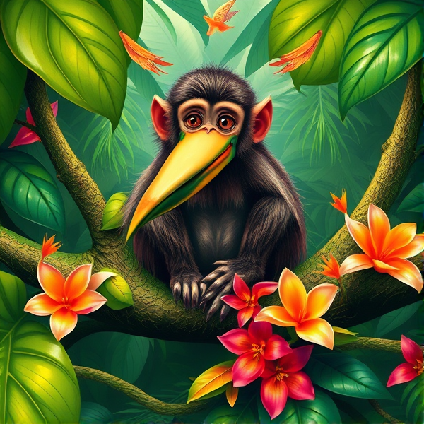 Enchanting hybrid creature combining the playful visage of a monkey with the distinctive long beak of a kiwi bird, nestled harmoniously on a verdant tropical branch. This imaginative being displays the monkey's mischievous eyes and lively demeanor, while incorporating the kiwi's body and plumage. They are set against an exuberant backdrop of lush tropical leaves, bright exotic flowers, and dense greenery that captures the essence of a vibrant jungle paradise.