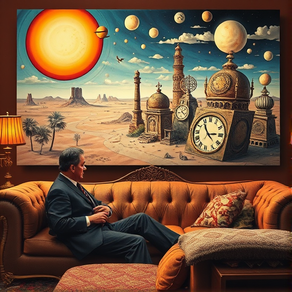 Salvador Dali sur son canapé regardant une grande Illustration surréaliste à la manière de Salvador Dali, avec des montres molles, un paysage désertique et des éléments oniriques