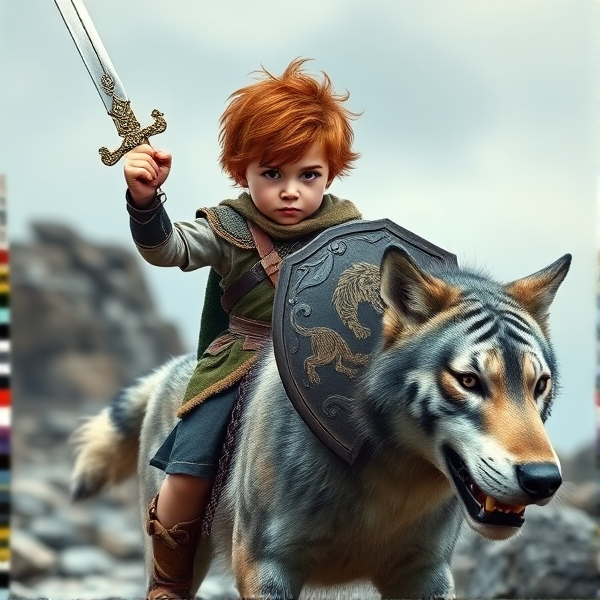 A young child with tousled chestnut hair exhibiting subtle white tiger features such as striped cheeks and pointed ears, heroically brandishing an ornate sword and a sturdy shield emblazoned with a tiger emblem. The child is astride a majestic dire wolf, its fur a tapestry of grays and whites, standing on a rocky terrain that suggests an adventurous setting.