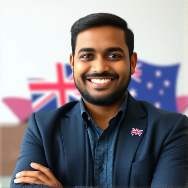 **Image Generation Script:**

1. **Subject Description:**
   - **Age & Ethnicity:** Bangladeshi male in his early to mid-30s
   - **Facial Features:** 
     - **Eyes:** Bright and expressive, showing enthusiasm and happiness
     - **Smile:** Warm, broad smile, conveying pride and joy
     - **Jawline:** Square, strong jawline
   - **Beard:** Short and well-groomed, complementing the overall facial structure

2. **Attire & Accessories:**
   - **Clothing:** 
     - **Top:** A well-fitted shirt or a blazer, preferably in a smart color such as navy blue or dark grey. Optionally, include a tie or a button-up shirt for a more formal look.
   - **Accessories:**
     - **Australian Citizenship Certificate:** Optional, but it can be subtly included, perhaps held in one hand or displayed in the background.
     - **Australian Flag Pin:** A small Australian flag pin on the lapel of the blazer or shirt for added symbolism.

3. **Background:**
   - **Setting:** 
     - **Option 1:** A neutral background with a soft gradient or a light, celebratory color like light blue or white.
     - **Option 2:** A backdrop featuring a stylized Australian flag or an iconic Australian landmark (e.g., the Sydney Opera House) in a subtle, faded manner to emphasize the achievement without overwhelming the subject.

4. **Pose:**
   - **Pose:**
     - **Standing:** The individual could be standing with a relaxed but confident stance, perhaps with arms crossed or holding the Australian citizenship certificate.
     - **Seated:** If seated, the individual could be positioned with a relaxed posture, perhaps leaning slightly forward with a warm smile, suggesting engagement and pride.

5. **Lighting & Mood:**
   - **Lighting:** Bright and uplifting, with soft, even lighting to highlight the subject’s facial features and expression. Avoid harsh shadows or overly dramatic lighting.
   - **Mood:** Positive and celebratory, reflecting the significance of the milestone achieved.

---

This detailed script ensures that the generated image accurately represents the individual’s emotional state and background, while also highlighting the significance of their Australian citizenship achievement.