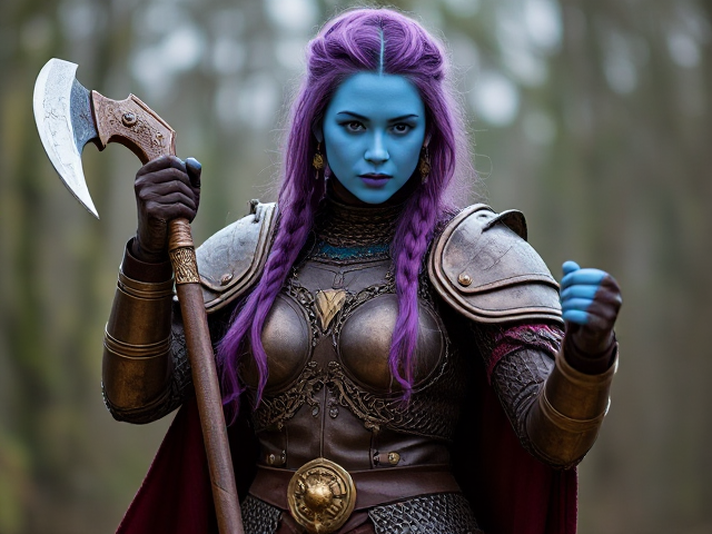Light blue skinned Druid woman with glitter purple hair full body armor bronze chainmail action pose with  battle axe computer animated full body braided hair