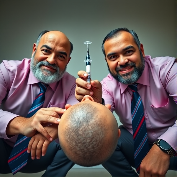 Deux hommes d'affaires seniors marocains barbus accroupis, portant des cravates longues à rayures bleutées et rouges, fixent l'objectif avec assurance tout en tenant une seringue pointée vers une tête hors du champ de vision. La scène est capturée en contre-plongée pour accentuer leur domination. Ils portent des chemises roses et arborent un sourire léger.