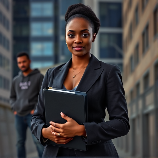 young African woman dressed in a stylish business suit, confidently holding a binder in her hands against an urban backdrop with a man behind her with jean and sweat shirt