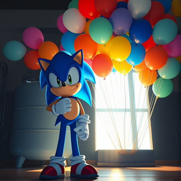 Sonic the Hedgehog standing upright next to a large helium tank, holding a nozzle attached to a vibrant cluster of assorted 16 inch balloons 450 each