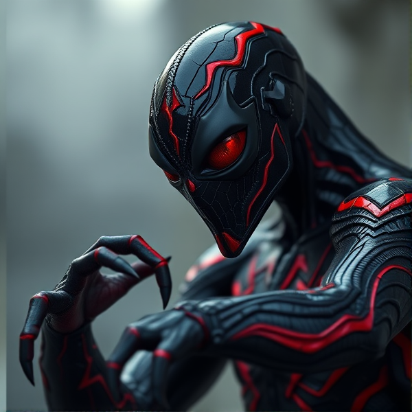 Créer une image d'un symbiote noir et rouge avec un picotement dans le bras et les yeux rouge