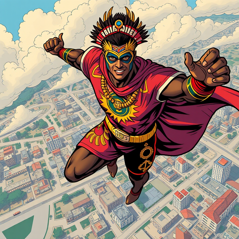 super-héros inspiré par le Gabon en costume traditionnel avec des motifs de masques gabonais, volant au-dessus de Libreville, dynamique et coloré, style bande dessinée réaliste