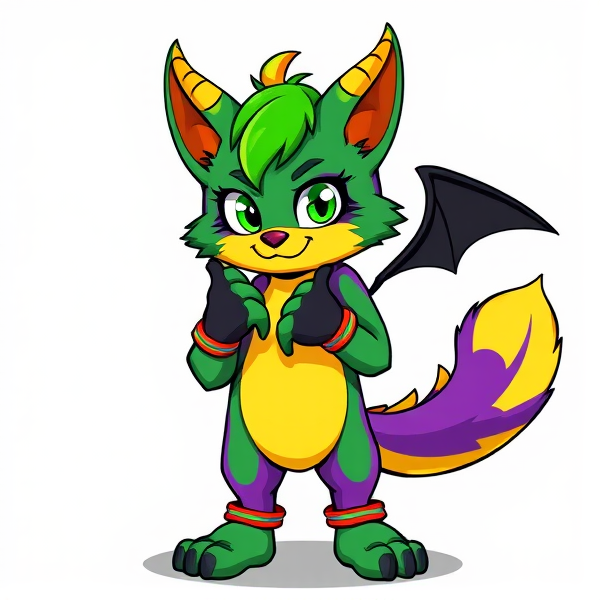Unique fursona cat dog fox wolf dragon hybrid green purple and yellow furry with scenecore fingerless gloves  and rainbow hair tuft, brightly coloured bracelets over the hands. Green paw pads full body artwork reference cartoony styled furry full body showing silly scenecore lil guy :3 standing on two legs with outline with black and green striped fingerless brightly colored gloves with tiny black dragon wings. Tiny small top hat with big ram like yellow horns