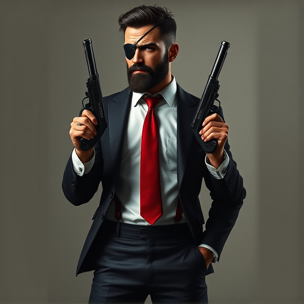 A meticulously crafted full-body portrait of John Abraham Marston, the archetypal tough male agent with cropped jet-black hair and a well-groomed beard that emphasizes his grit. His left eye is concealed behind an eyepatch, beneath which lies a striking scar -- a testament to his past battles and the blindness he's endured. He stands with a demeanor that radiates sophistication, clad in a pristine white button-up shirt smartly tucked into impeccably tailored black slacks, secured by polished leather suspenders. A splash of color emanates from his vibrant red necktie. His attire is finished with a custom-tailored black blazer, subtly reinforced with Kevlar lining for protection, subtly suggesting the perilous nature of his profession. On his feet are glossy, well-polished dress shoes that reflect the gravity of his role. Ready for action, John is equipped with Desert Eagle handguns featuring non-reflective black finishes and specially modified green laser sights for pinpoint accuracy. Crossed over his back in an 'X' pattern are his trusty melee weapons: a sharp katana and a heavy-duty fireman's axe, denoting his preparedness for close-quarters combat. These attributes affirm his commitment to "the agency," an enigmatic entity where he maneuvers through the underbelly of society; yet he grapples quietly with alcohol dependency as a coping mechanism for post-traumatic stress disorder.