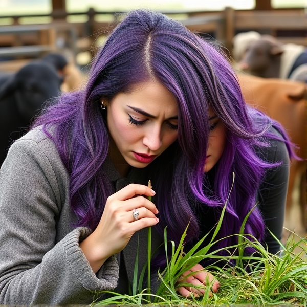 Sad women with purple hair eating grass in a pen.