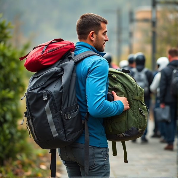 Man carrying lots of backpacks