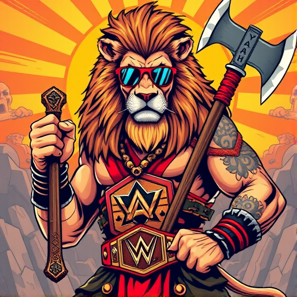 Un lion barbare dieux du soleil, il tien une hache dans la main, avec des poils de lion et une carrure imposante et avec la ceinture de la wwe le catcheur et ces lunettes de soleil, il a un tatoo sur le bras écris YEAH!