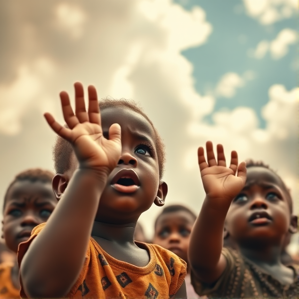 Image d'enfants africains pleurant a grosse larmes main vers un ciel nuageux lumineux