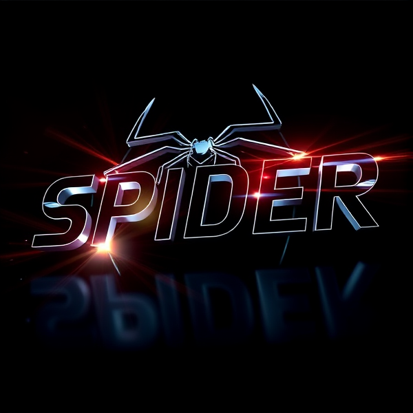 Create a visually arresting 3D logo for "SPIDER" that exudes ultra-modern, sleek design elements with bold sans-serif typography which dynamically bursts forth from a pitch-black background. Infuse the artwork with electrifying light beams inspired by the Capcut app icon's luminosity, casting profound shadows and creating striking highlights across the logo's contours. Incorporate a fusion of cutting-edge curves, crisp edges, and fluid lines to convey both rapidity and elegance. The logo should be enveloped in a metallic skin exhibiting a lustrous, mirror-like finish to dramatically bounce off light, imbuing it with an essence of vigorous motion. Draw upon Pixar's hallmark of incisive imagery and pronounced geometric shapes, injecting the tableau with a lively color spectrum and polished surfaces for additional depth. Utilize rendering techniques paralleling Unreal Engine's hyper-realism and Octane Renderer's ray tracing capabilities to achieve mesmerizing reflections, alongside V-Ray's sophisticated lighting effects to accentuate the mood. Strive for an overwhelmingly surreal visual spectacle that flirts with sci-fi elements, deliberately exaggerating every aspect for maximal impact. This creation ought to be perceived as audaciously lavish, overtly eschewing any inclination towards subtlety or minimalism.
