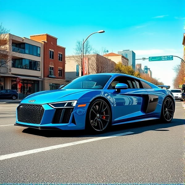 A sleek Audi R8, drenched in a vibrant shade of electric blue, majestically parked on the sun-kissed asphalt of a bustling city street. The lustrous metallic paint gleams under the clear azure skies, catching reflections of the surrounding urban landscape on its flawless surface. Intricate details showcase its elegant aerodynamic lines and sporty stance with high-definition sharpness, from the assertive front grille to the aggressive rear diffuser and iconic side-blades. The glinting chrome accents add a touch of sophistication, while the polished black rims encased in performance tires underline its racing heritage. The car exudes luxury and power, a perfect harmony of engineering artistry and aesthetic brilliance, captured in this moment of serene urban tranquility.