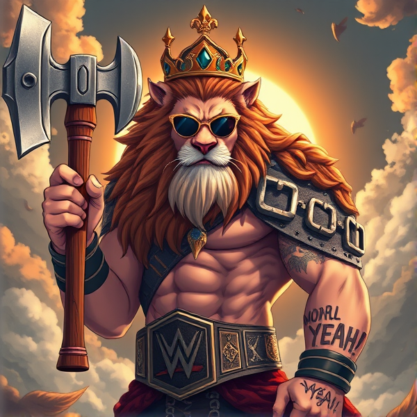 Un lion barbare dieux du soleil, il tien une hache dans la main, avec des poils de lion et une couronne et une carrure imposante et avec la ceinture de la wwe le catcheur et ces lunettes de soleil, il a un tatoo sur le bras écris YEAH!