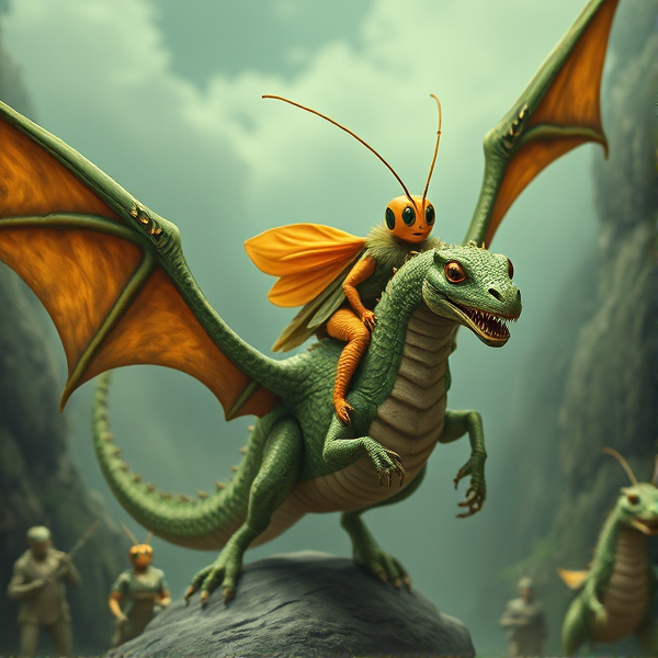 A cricket riding a dragon