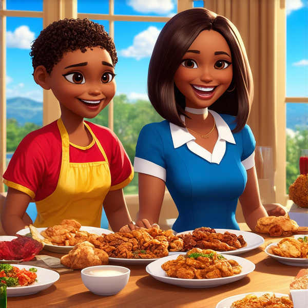 Repas de famille afro-américaine chaleureux et convivial, avec un grand assortiment de plats traditionnels soul food sur une grande table en bois, entourée de membres de la famille riant et partageant des moments ensemble dans une salle à manger bien éclairée et décorée pour l'occasion