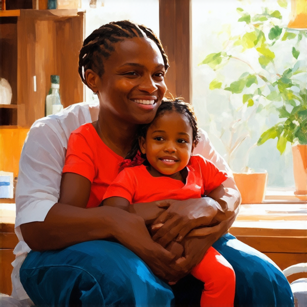 An 8-year-old African girl with intricate traditional braided hair, sitting comfortably on her mother's lap, both exuding a warm and nurturing atmosphere. The mother is depicted as loving and protective, embracing her daughter in a cozy, homelike setting and there are his father also with her