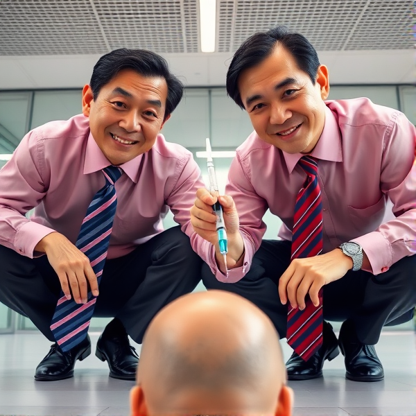 2 Hommes d affaire senior japonais accroupis avec longue cravate rayée bleuté et rouge    , il regarde la caméra et domine en piquant avec une seringue sa tête hors champ de vision 
Vue contre plongée
Chemises rose foncée 
Sourire léger