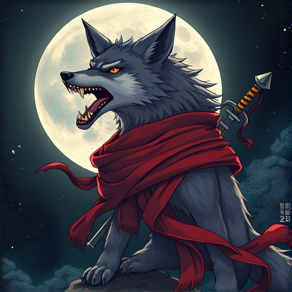 Loup roublard maitre de la lune avec un foulard rouge autours du cou et avec deux épées dans le dos