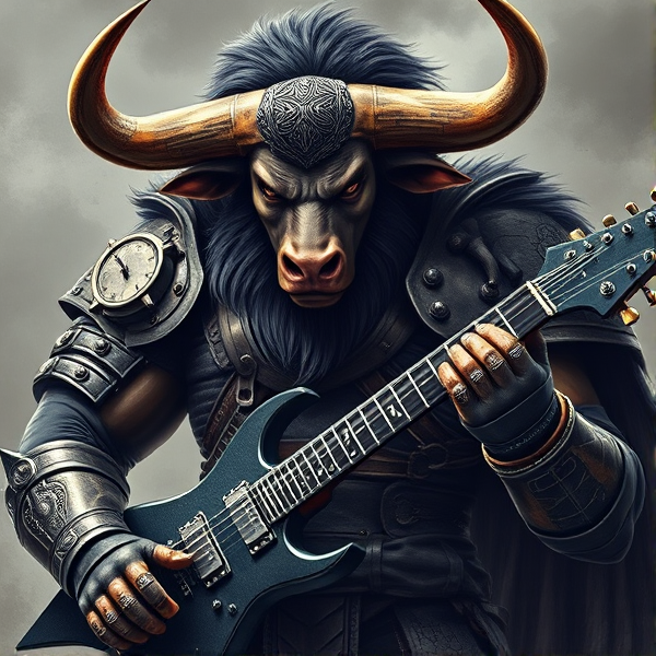 Créer une image détaillée d'un minotaure imposant en armure de guerrier, avec un corps et une tête de taureau féroce et des yeux perçants. une guitare hache Gene Simmons