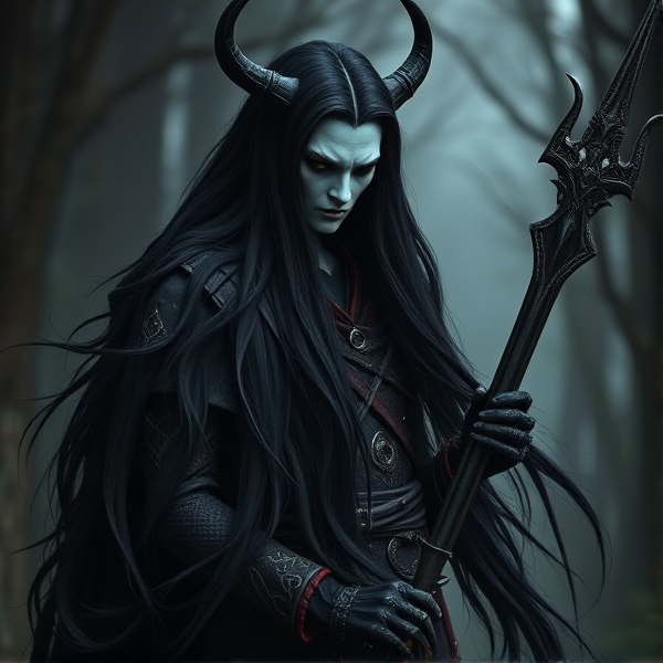 A tall long haired black haired void hunter with ivory skin