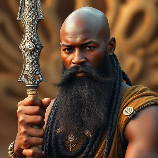 A majestic African warrior with light skin tone, shining bald head, and a long, intricately braided beard, dressed in traditional tribal attire, poised confidently while gripping a lavishly diamond-encrusted spear that reflects his status