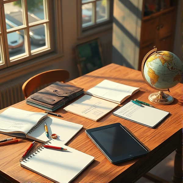 table en bois éclairée par la lumière naturelle de la fenêtre, couverte de fournitures scolaires comme des cahiers ouverts, des stylos, des crayons, une trousse, un globe terrestre et une tablette .