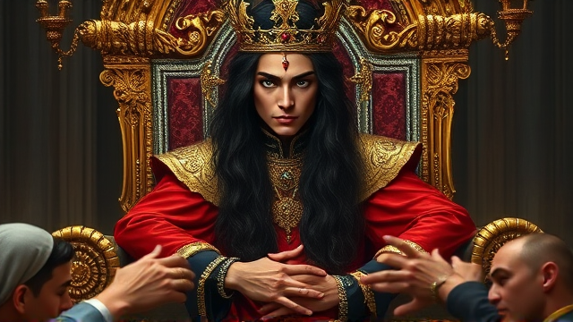 A regal young man personifying the sin of vanity sits upon an ornate throne, his long, raven-black hair cascading over his shoulders. His eyes are a striking emerald green, exuding a piercing gaze that reflects his self-absorption. His expression is one of sheer arrogance and pride. He wears a majestic king's garb resplendent with jewels and gold embroidery, radiating opulence and authority. Peasants kneel subserviently at his feet, their heads bowed in deference to his grandeur. The scene is timeless, echoing the splendor of an ancient royal court