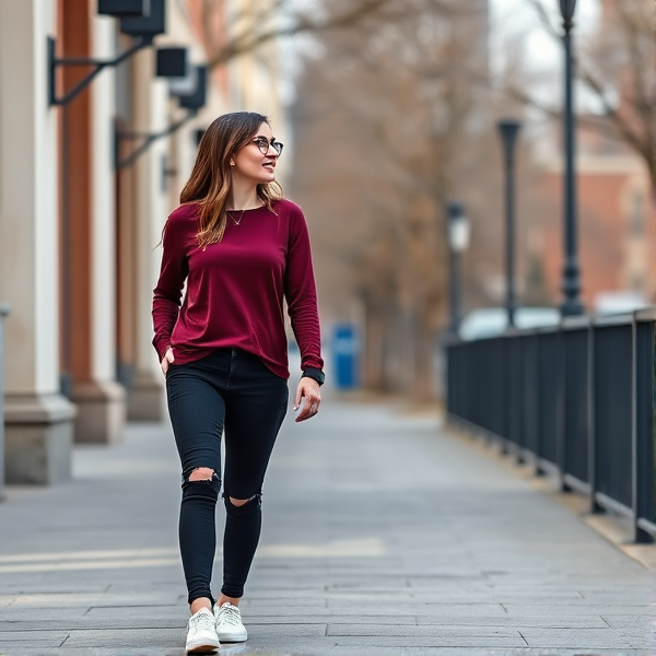 Skinny woman with brown hair and blue eyes and black glasses wearing a maroon long sleeve shirt, black ripped jeans and white vans. Walking with husband and gives him a kiss while holding hands