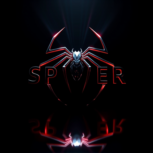 Create a visually arresting 3D logo for "SPIDER" that exudes ultra-modern, sleek design elements with bold sans-serif typography which dynamically bursts forth from a pitch-black background. Infuse the artwork with electrifying light beams inspired by the Capcut app icon's luminosity, casting profound shadows and creating striking highlights across the logo's contours. Incorporate a fusion of cutting-edge curves, crisp edges, and fluid lines to convey both rapidity and elegance. The logo should be enveloped in a metallic skin exhibiting a lustrous, mirror-like finish to dramatically bounce off light, imbuing it with an essence of vigorous motion. Draw upon Pixar's hallmark of incisive imagery and pronounced geometric shapes, injecting the tableau with a lively color spectrum and polished surfaces for additional depth. Utilize rendering techniques paralleling Unreal Engine's hyper-realism and Octane Renderer's ray tracing capabilities to achieve mesmerizing reflections, alongside V-Ray's sophisticated lighting effects to accentuate the mood. Strive for an overwhelmingly surreal visual spectacle that flirts with sci-fi elements, deliberately exaggerating every aspect for maximal impact. This creation ought to be perceived as audaciously lavish, overtly eschewing any inclination towards subtlety or minimalism.