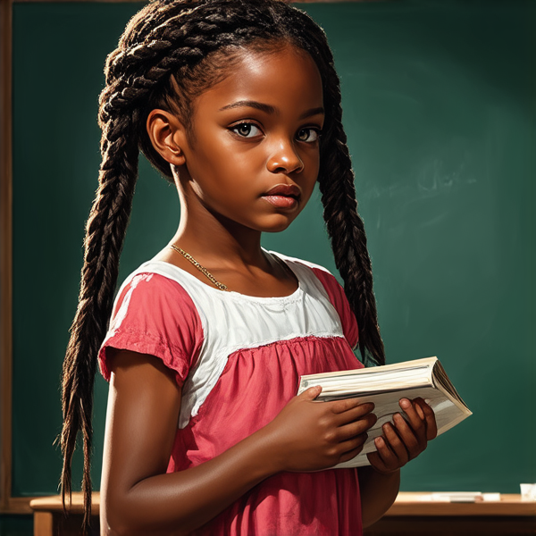 A 8 year-old African girl with intricate braided hair, standing confidently in a vibrant classroom environment, holding notebooks in her hands while facing a chalkboard filled with educational content