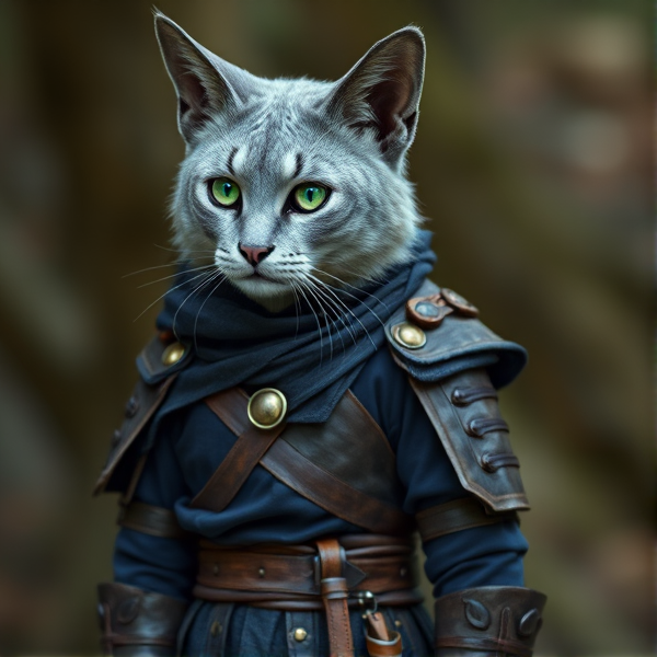 Tabaxi à fourrure grise, des yeux vert émeraude
Vêtue d'une tenue bleue nuit et d'une armure en cuire marron sombre.
L'armure couvre une partie du torse, les épaules, les avants bras, et les cuisses, ne porte pas de bottes.