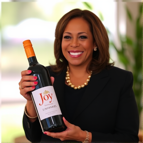 Kamala Harris holding a bottle of "Joy" Zinfandel
