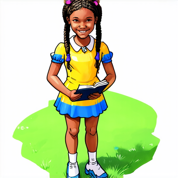 ecoliere en robe agée de 6ans noire avec des tresses africaines tenant un cahier dans ses mains