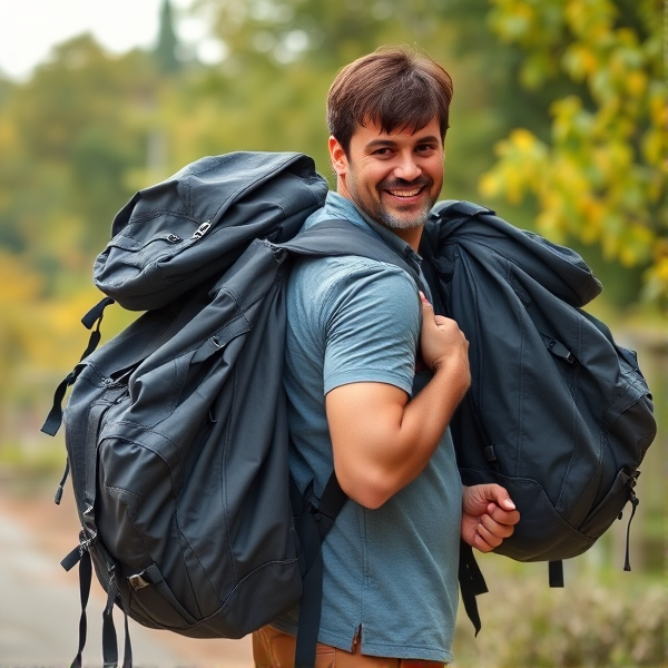 Man carrying lots of backpacks