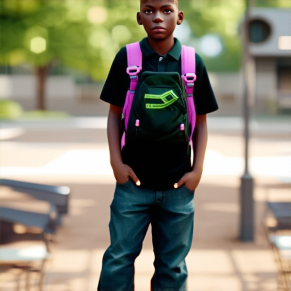 deux garçons noire agés de 12 ans et 14 ans avec des cartables dans la cour d'une école