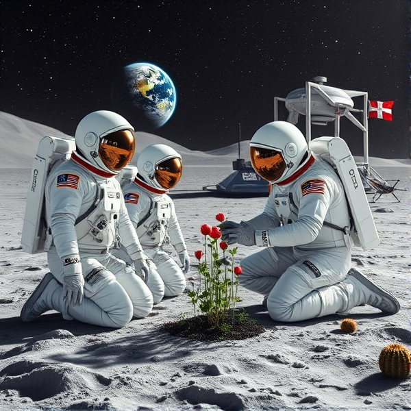 Trois astronautes en combinaison spatiale NASA, finement détaillée en blanc perle avec des accents métalliques chromés, arborant des écussons distinctifs et munis de surfaces réfléchissantes sophistiquées, s'agenouillent sur le régolithe lunaire d'un gris riche en texture. À côté d'eux se tient un extraterrestre géant amical à la peau iridescente qui capte le scintillement des étoiles. Un astronaute se concentre scrupuleusement sur la plantation de graines de pavot dans un substrat fertile à l'intérieur d'un biodôme lunaire transparent équipé d'un système hydroponique avancé, éclairé par une lumière artificielle simulant le spectre solaire pour optimiser la photosynthèse terrestre. Le reflet précis du paysage lunaire est visible dans le visor volumineux de l'astronaute tandis que ses gants sensoriels manipulent avec adresse divers outils spécialisés. En arrière-plan se détache un module lunaire au design avant-gardiste portant fièrement l'emblème du Québec. La Terre en suspension offre une vue saisissante aux teintes fidèles et naturelles. Dispersés autour du site, on trouve des instruments scientifiques d'une grande précision : capteurs environnementaux, moniteurs de croissance végétale dotés d'intelligence artificielle et panneaux solaires flexibles. Un fanion du Manchester City Football Club est disposé à proximité du module habitable, symbolisant le lien entre les sciences spatiales et le sport. Le relief lunaire présente des cratères nettement dessinés et des monticules réalistes qui contrastent avec les installations humaines sur ce territoire extraterrestre. L'éclat doux et diffus illumine la scène sous un ciel nocturne étoilé où les constellations sont représentées avec exactitude, se fondant dans un gradient allant du noir profond au bleu outremer vibrant, avec également un drapeau acadien près du biodôme ainsi qu’un vaisseau extraterrestre et plusieurs autres êtres venus d’ailleurs près du site, accompagnés d'un drone extra-terrestre technologique sans oublier le fanion représentatif du drapeau des patriotes québécois.plusieits cactus lunaires.extra terrestre bienveillante