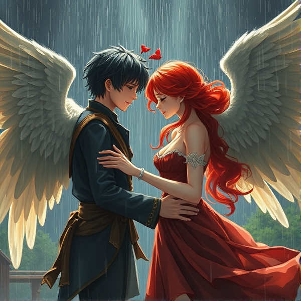 Black haired Male angel and red haired female angel with broken wounded wings dance in the rain